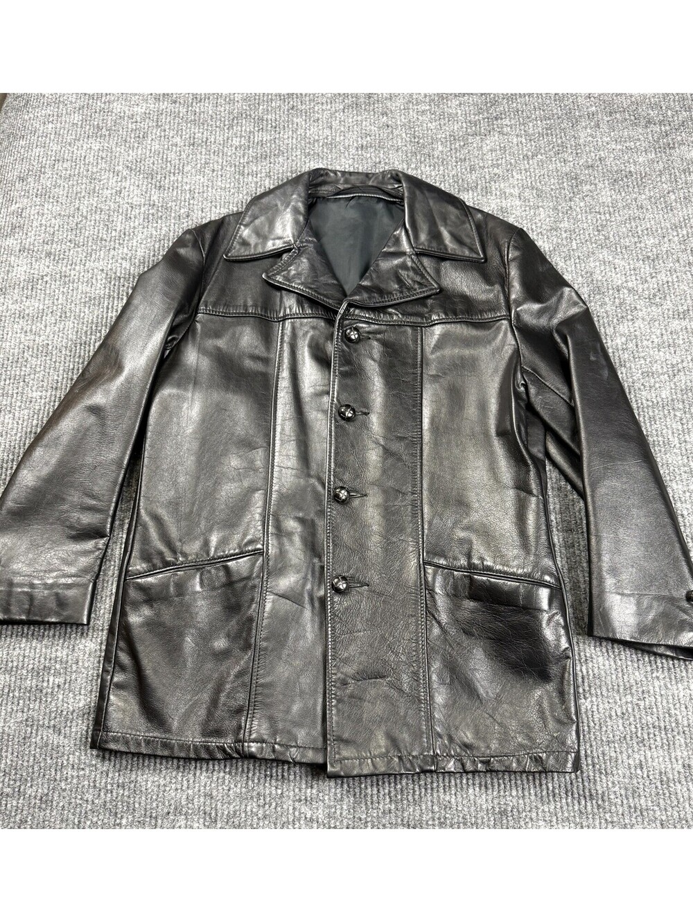 Vintage Men's Black Leather Jacket Size 42 Button Front Classic